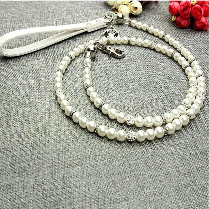 Luxury White Imitation Pearls Diamond Ball Pet Dog Chain Leash Walking Jogging Leads Leashes For Small Medium Size Dog Cat Lead CobraDobra