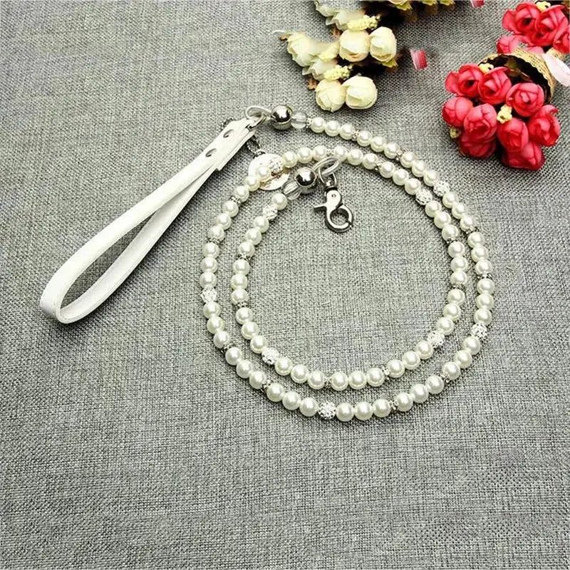 Luxury White Imitation Pearls Diamond Ball Pet Dog Chain Leash Walking Jogging Leads Leashes For Small Medium Size Dog Cat Lead CobraDobra