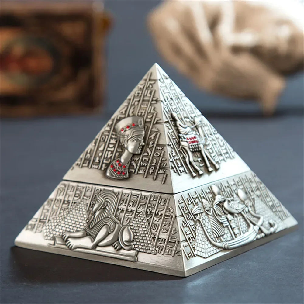 Pyramid Egyptian Pharaoh Metal Ashtray with Lid Vintage Ash Tray