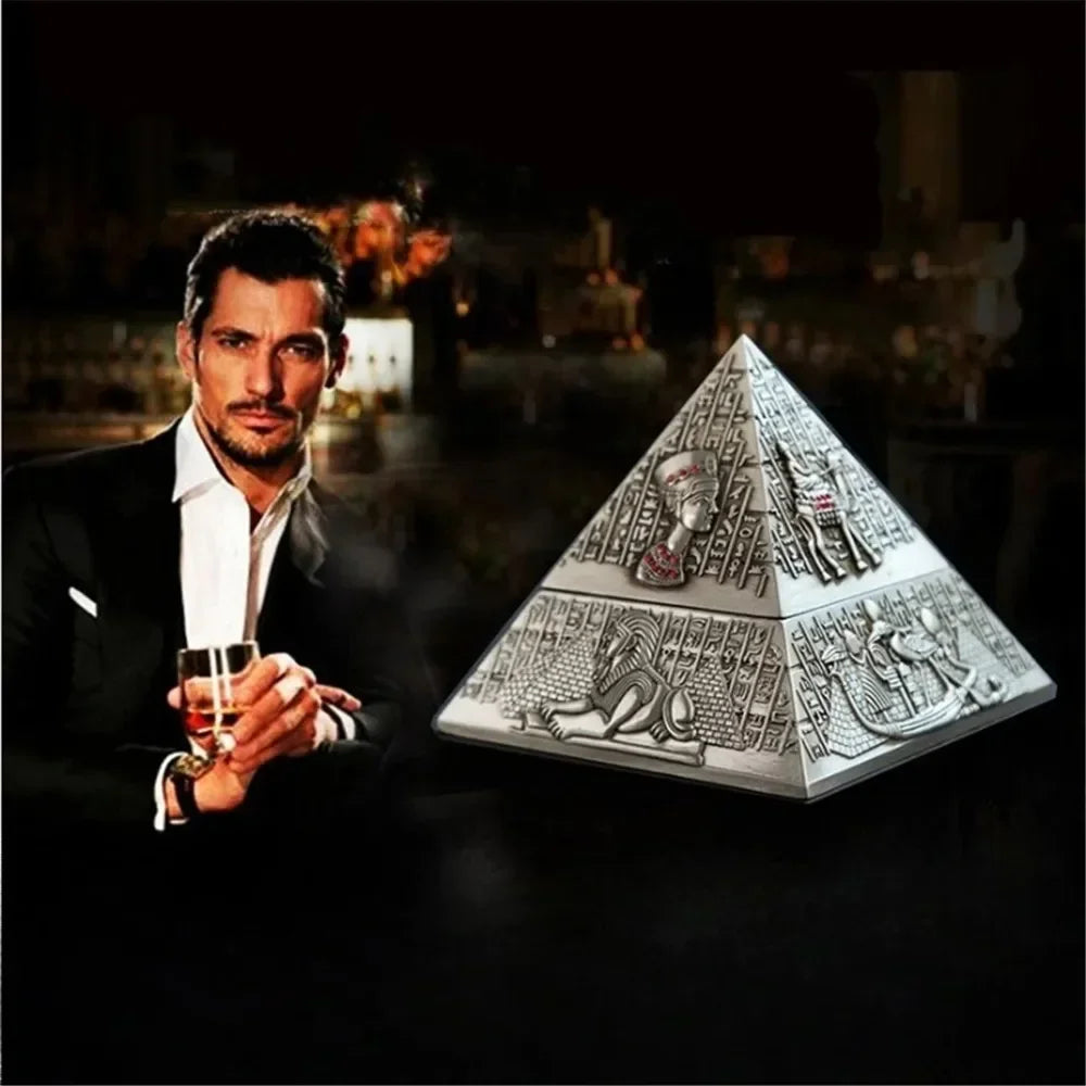 Pyramid Egyptian Pharaoh Metal Ashtray with Lid Vintage Ash Tray