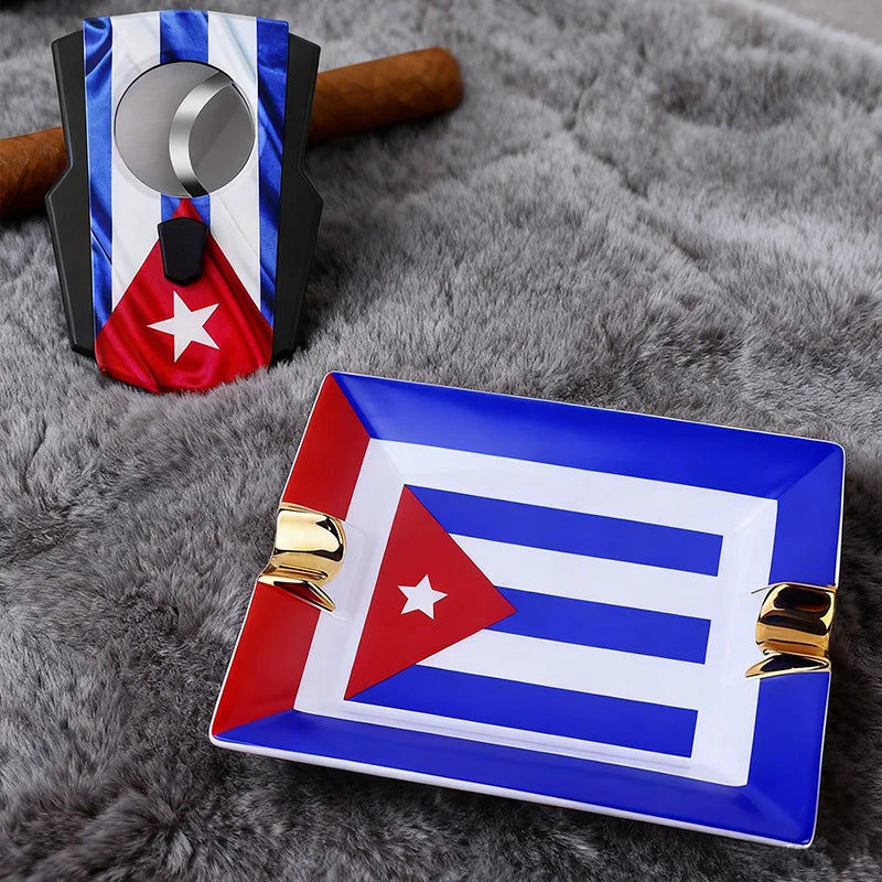 Ceramic Cigar Ash Tray With Cigar Cutter Ashtray Cuba Flag