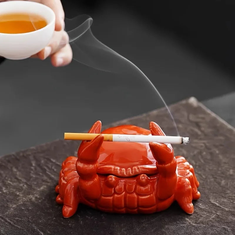 Cute Crab Ceramic Ashtray With Lid Anti Fly Ash Cigar