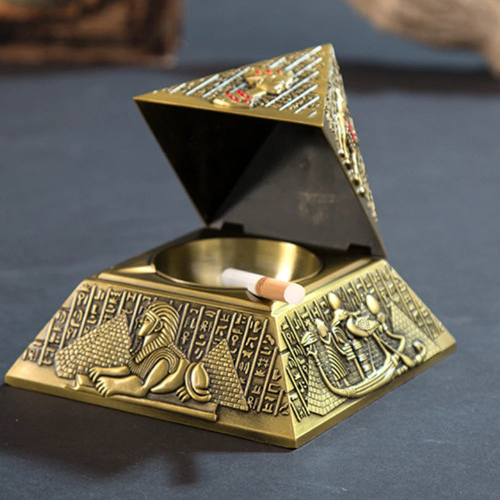 Pyramid Egyptian Pharaoh Metal Ashtray with Lid Vintage Ash Tray
