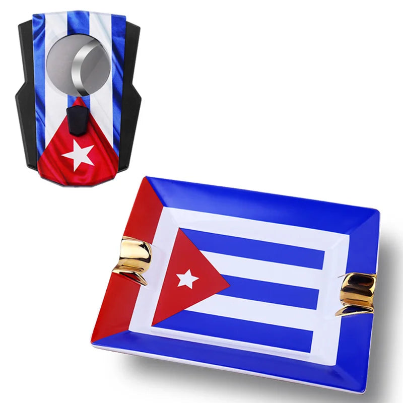 Ceramic Cigar Ash Tray With Cigar Cutter Ashtray Cuba Flag