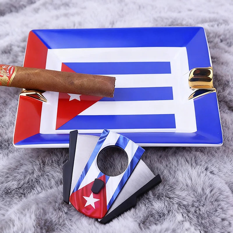 Ceramic Cigar Ash Tray With Cigar Cutter Ashtray Cuba Flag