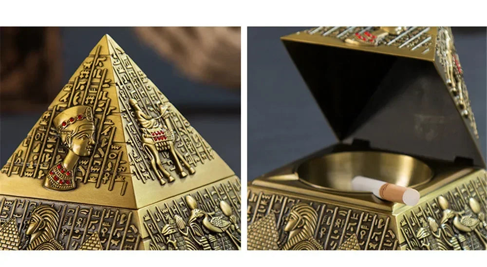 Pyramid Egyptian Pharaoh Metal Ashtray with Lid Vintage Ash Tray