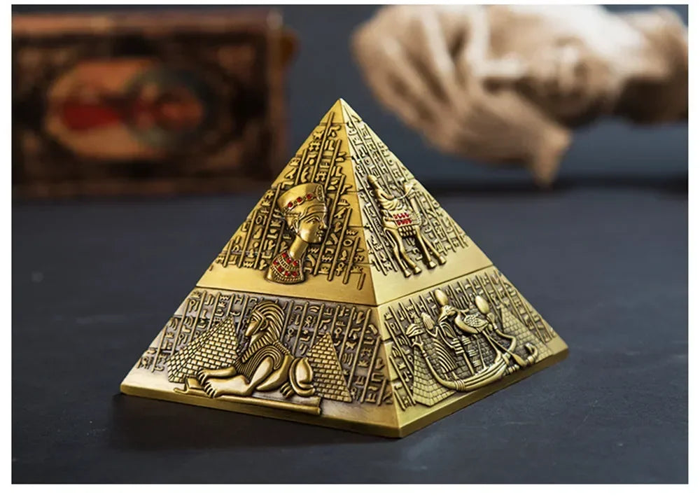 Pyramid Egyptian Pharaoh Metal Ashtray with Lid Vintage Ash Tray